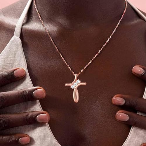 Cross Necklace for Women, 925 Sterling Silver 18K Gold Plated Diamond Necklace for Women, Cross Pendant with 3 Stone 5A Cubic Zirconia, Birthday Christmas Jewelry Gifts for Women Her, 20 Inches - color: Rose gold