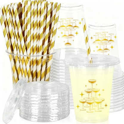 JarThenaAMCS 50Pcs Wedding Plastic Cups with Lids Gold Foil Straws Cheers Coffee Drinking Cup 12oz Gold Goblet Bachelorette Party Disposable Cups for Bridal Shower Bride Shower Anniversary