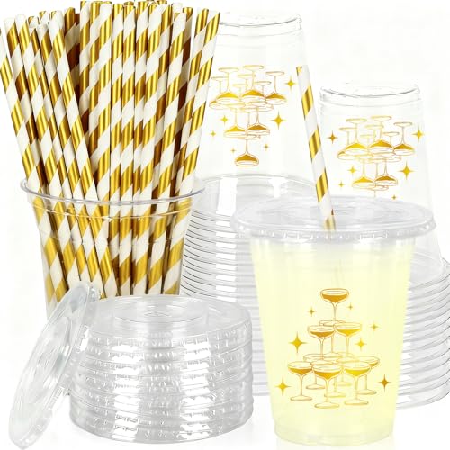 JarThenaAMCS 50Pcs Wedding Plastic Cups with Lids Gold Foil Straws Cheers Coffee Drinking Cup 12oz Gold Goblet Bachelorette Party Disposable Cups for Bridal Shower Bride Shower Anniversary