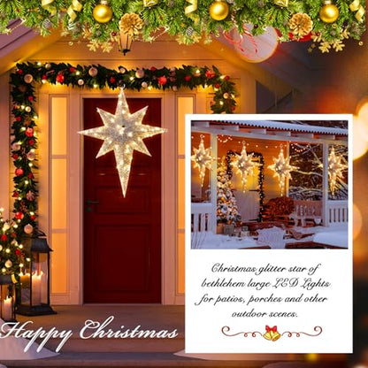 Retisee 1 Pcs 24 Inch Christmas Glitter Bethlehem Star Large LED Outdoor Xmas Lights Powered Hanging Outdoor Lighted Christmas Star for Yard Porch Festival Xmas Holiday Nativity Wedding (White)