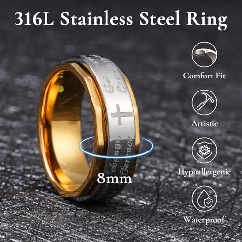 King Will 8mm Black/Gold/Silver Prayer Stainless Steel Ring - color: cross silver & gold