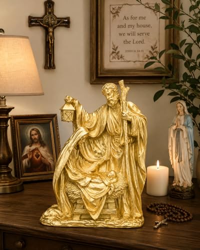 Holy Family Nativity Statue Resin Christmas Tabletop Decor Metallic Gold Religious Figurine for Mantel Shelf Centerpiece Christian Home Decorations 12" x 9"