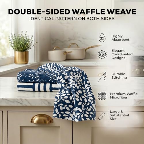 Kitchen Towels, Dish Towels for Kitchen, 3 Pc Kitchen Towel Set - color: Navy/Tan