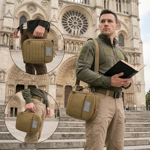 Tactical Bible Cover for Men, Large Bible Case with Shoulder Strap & US Flag Patch, Water Resistant Bible Carrier Bag with Handle, Multi Pockets for Church Study & Travel（Brown） - color: Brown