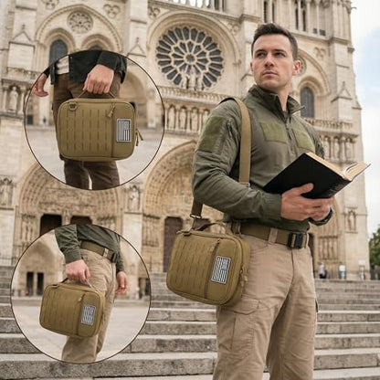 Tactical Bible Cover for Men, Large Bible Case with Shoulder Strap & US Flag Patch, Water Resistant Bible Carrier Bag with Handle, Multi Pockets for Church Study & Travel（Brown） - color: Brown