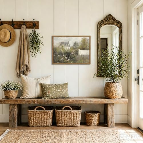 Framed Vintage Wall Art, French Country Rose Garden Pictures Wall Decor Paintings Rustic Country Spring Landscape Canvas Print Aesthetic Home Decor for Living Room Bedroom Bathroom-16×24in - color: Country House, size: 24"L x 16"W
