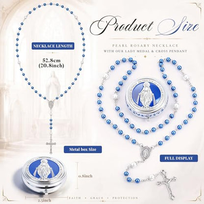 Jadive 24 sets Catholic Rosary Necklace, 6mm Glass Pearl Beads 8mm Our Father Bead Metal Gift Box for Women Men Prayer Gift - color: Blue