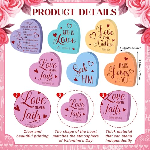 Funnymoom 6 Pcs Valentines Day Decorations Wooden Sign Christian Valentines Day Table Decorations Wood Heart Table Centerpiece Religious Bible Verses Tabletop Decor for Home Kitchen Office Desk Decor