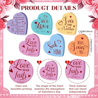 Funnymoom 6 Pcs Valentines Day Decorations Wooden Sign Christian Valentines Day Table Decorations Wood Heart Table Centerpiece Religious Bible Verses Tabletop Decor for Home Kitchen Office Desk Decor