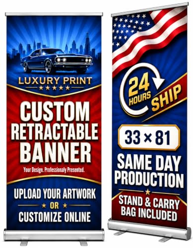 Custom Retractable Banner Stand - Ready in 1 Day - Personalized 33" x 81" Roll Up Banner, Full Color Pop Up Display Sign with Travel Bag & Stand for Important Events, Trade Shows & Photo Booths