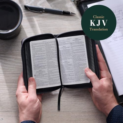 KJV Holy Bible, Mini Pocket Size, Red Letter, Reading Plan, Thematic Verse Finder, Ribbon Bookmark, King James Version, Vegan Leather, Black/Gray Zipper Closure, 6.2" x 4.3" (KJV Pocket Editions)