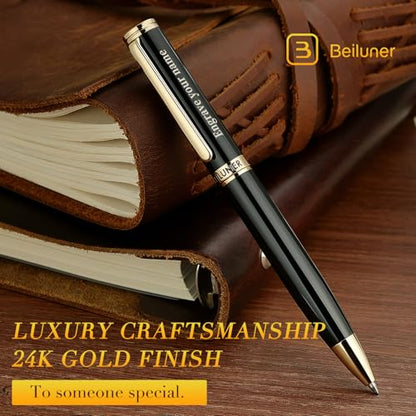 BEILUNER Luxury Personalized Gel Pen with 24K Gold Finish, Black Piano Lacquer, Luxury Grade Craftsmanship, Best Pen Gift Set for Men and Women, Professional, Executive, Office, Retractable Nice Pens - color: ,Black with Gold (Personalized)