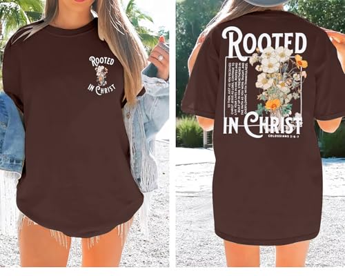Rooted in Christ Shirt Christian Shirts for Women Jesus Oversized Tshirt - color: Brown, size: Small