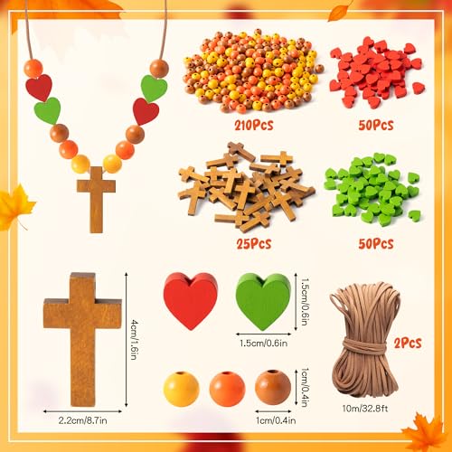 BeYumi Fall Cross Necklace Craft - 24Pcs Thanksgiving Wooden Cross Beads Necklace Craft Kit for Kids DIY Thankful Gift Autumn Religious Christian Wood Art Decor Sunday School Classroom Party Favors - style: Fall