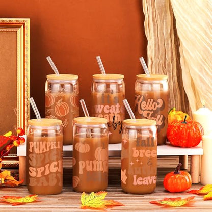 SiliFine 6 Pcs Fall Glass Cups, 16 oz with Lids and Straws - style: Fall Pumpkin Maple