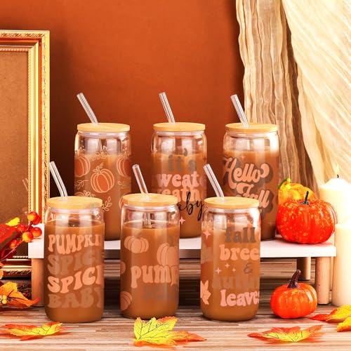 SiliFine 6 Pcs Fall Glass Cups, 16 oz with Lids and Straws - style: Fall Pumpkin Maple