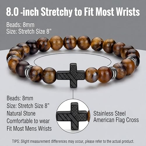 Tondiamo 4pcs Cross Bead Bracelet for Men 8mm Tigers Eye Lava Rock Onyx Black Obsidian American Flag Cross Bracelet Natural Stone Stretch Adjustable Black Wrist Beads for Men Women Gifts