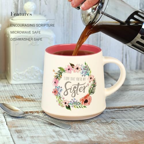 Christian Art Gifts Floral Pink Ceramic Coffee Mug – 14 oz. Microwave and Dishwasher-Safe Inspirational Scripture Coffee and Tea Mug for Women with Bible Verse: Love That You're My Sister –Eccles. 4:9