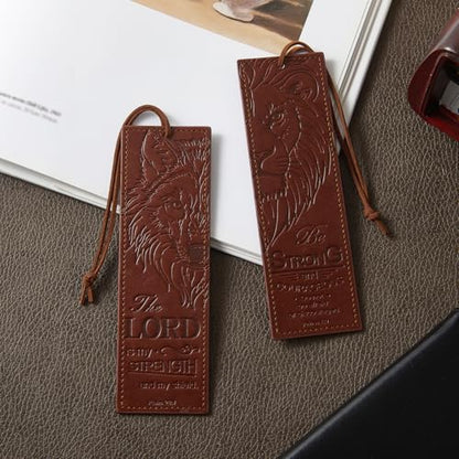 2 Pcs Wolf Lion Leather Bible Bookmark, Christian Bookmarks Gifts for Men Book Marks for Reading Men (Brown) - style: Brown