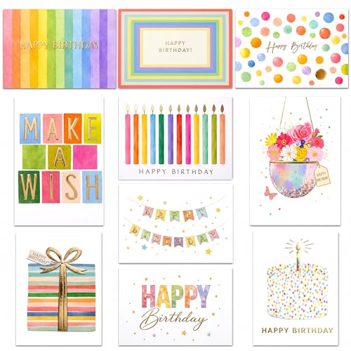 100 Pack Birthday Cards Bulk with Envelopes & Stickers, Large 5x7 Assorted Happy Birthday Cards, 300gsm Thick Cardstock, Gold Foil Designs, Blank Inside, Storage Box Included