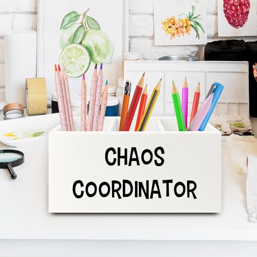 Chaos Coordinator Pen Pencil Holder Organizer for Desk, Thank You Gifts for Women Men Coworkers Boss Leader Manager, Appreciation Gifts Wooden Box Sign for Home Office Desk Tabletop Decorations - color: colour 04