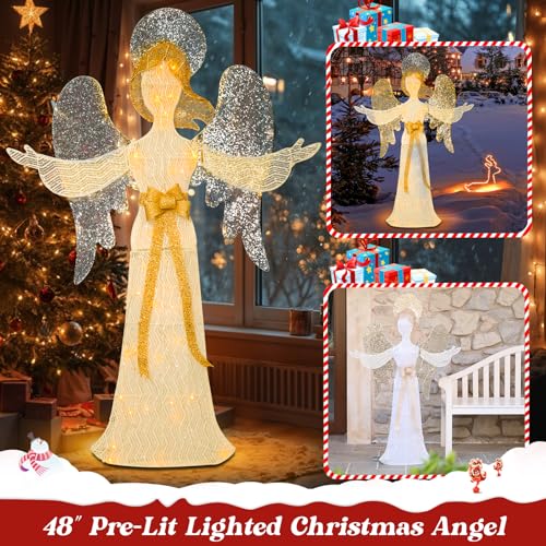 4 FT Lighted Christmas Angel, 3D Pre‑Lit Outdoor Yard Decor - size: 48''*33.5''