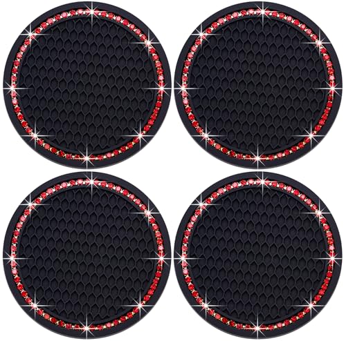 4PCS Bling Cup Holder Coaster, 2.75 Inch Auto Car Cup Holder Insert Coasters, Soft Silicone Anti-Slip Shockproof, Universal Vehicle Interior Accessories for Women Girls (Black & Red) - color: Black & Red, size: 4 pcs