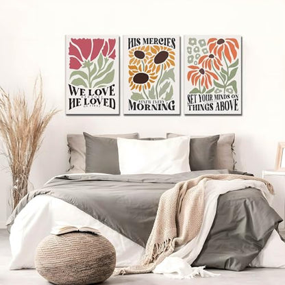 Framed Christian Bible Scripture Wall Art Set of 3 12x16 Inch - color: Flower（Canvas）, size: 16"L x 12"W
