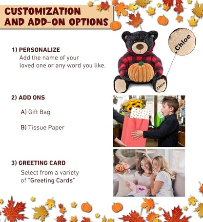 DolliBu Red Plaid Hoodie Black Bear Stuffed Animal with Pumpkin - 10 Inches