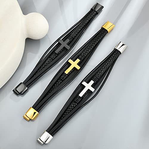Fahonie Cross Leather Bracelet for Men Women 316L Stainless Steel with 18K Gold Plated Christ Jesus Multi-layer Handmade Christian Bracelet,7.5/8/9 Inches - color: Black