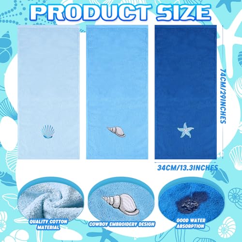 SmoothNovelty 3 Pcs Blue Coastal Hand Towels Cotton Bathroom 13.3" x 29.5" - color: Ocean, size: 13.3 x 29.5 inches