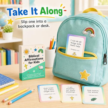 Biblical Affirmation Cards, 63 Scripture-Based Flash Cards Christian Encouragement & Positive Affirmations for Daily Faith, Back to School Gifts, Sunday School, VBS & Homeschool Supplies