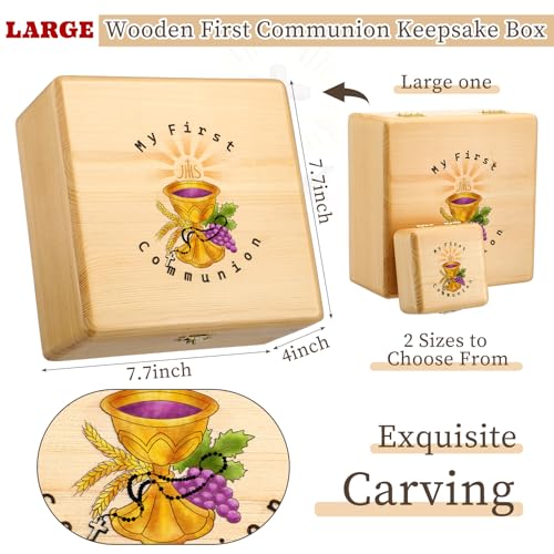 Wonderjune First Communion Wooden Keepsake Box First Holy Communion Gift Cross Rosary Jewelry Box Baptism Gift Memory Storage(Large)