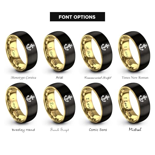 Gift for Nautical Fan - Anchor With Rope Ring - Men Women - Tungsten - Flat Dome Bevel - Band - Yellow Gold Black Silver Blue - Anniversary Wedding - 8mm - Brushed Polished - Personalized Custom Engra - color: 02 - Rose Gold Black Tungsten