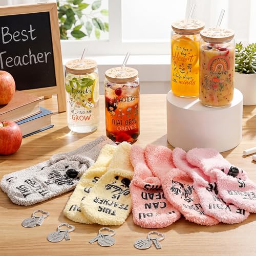 Funnymoom 12 Pcs Teacher Gift Set for Women Flower Theme 16 oz Inspirational Glass Cups with Lids and Straws Brushes Motivational Socks and Thank You Keychains End of Year Graduation Gift for Teacher - style: Flower