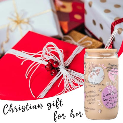 Christian Gifts for Women – 16oz Bible Verse Coffee Mug, Daily Bible Affirmations Glass Tumbler with Straw – Inspirational Religious Coffee Cup for Birthday, Mother’s Day, or Faith Lovers - color: Bible Verse-3