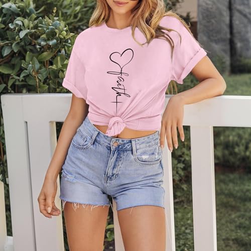 KIEKIECOO Faith Christian Shirts for Women Religious Crewneck Tshirts Cotton Graphic Tees Bible Verse Casual Summer Tops - color: Pink, size: Small