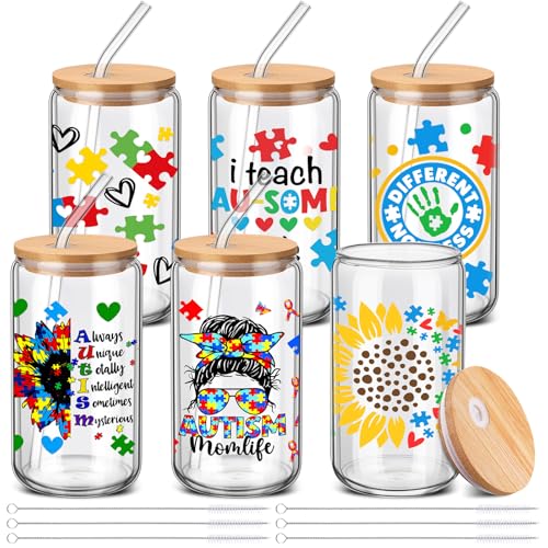 SiliFine Autism Teacher Appreciation Gifts, 6 Pcs Glass Cups with Lids - style: Autism