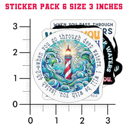 Pack 6 Isaiah 43 2 When You Pass Through The Waters I Will Be with You Sticker 3 Inches Bible Verse, Christian, Waterproof Vinyl Sticker