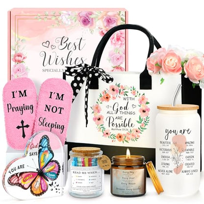 Christian Gifts for Women Faith Based Gift Inspirational Gifts for Women Birthday Unique Catholic Gift Bible Accessories Inclue Bible Verse Jar Butterfly Decorations Socks Glass Can Candles Tote Bag