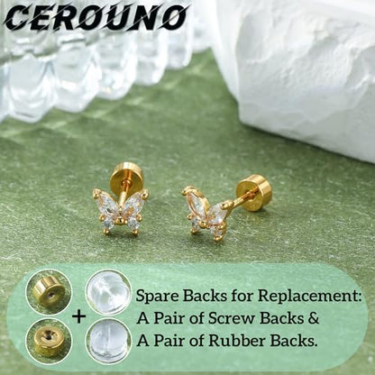 CEROUNO Flat Back Stud Earrings - 925 Sterling Silver Post Flatback Earrings Gold Silver Cubic Zirconia Earrings Studs for Women - color: Gold Butterfly