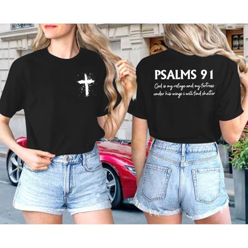 Christian Shirts for Women Psalms 91 Jesus Shirt Religious Faith God Tshirt Bible Verse Inspirational Tees Tops - color: Black, size: Small
