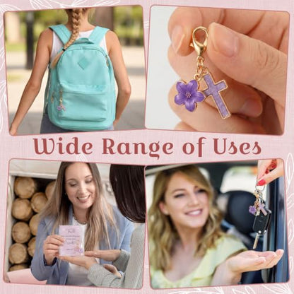 Unittype 36 Sets Christian Keychains Cross Charms for Women - style: Purple Flower