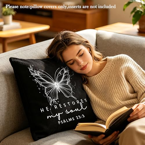 Christian Psalms 23:3 Pillow Cover 18x18, Black Linen-Textured Fabric, He Restores My Soul Bible Verse Butterfly Design, Religious Present for Christian Believers & Faithful Friends - color: Black-03