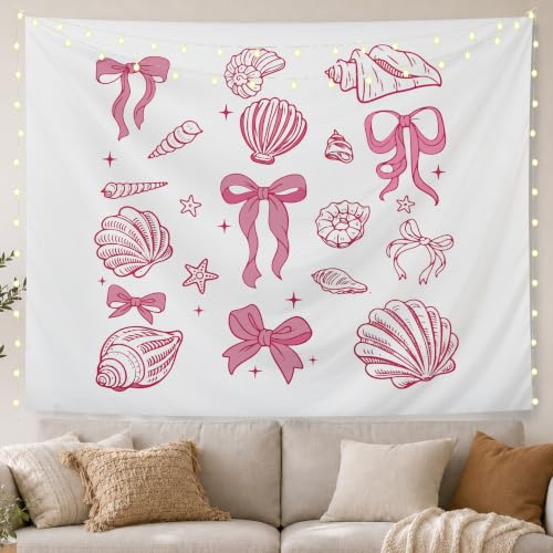 OJMFHEGEE Coquette Pink Bow Coastal Beach Tapestry 50x60 Inches, Pink Preppy Ocean Seashell Conch Beachy Tapestries Wall Hanging Decor for Girly Dorm Room Bedroom Apartment - color: Ocean Seashell Conch