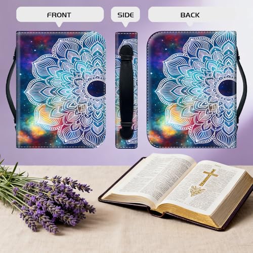 Bible Cover for Women Large PU Leather Zippered Bible Case with Handle and Galaxy Mandala Design, Christian Bible Cover for Girls & Women, Cover Fits Standard 9.5"x7.5"x2.3" Bible - color: Galaxy Mandala