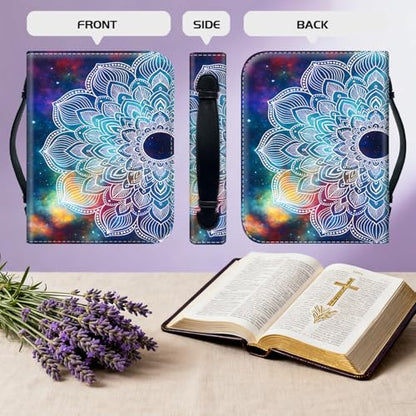 Bible Cover for Women Large PU Leather Zippered Bible Case with Handle and Galaxy Mandala Design, Christian Bible Cover for Girls & Women, Cover Fits Standard 9.5"x7.5"x2.3" Bible - color: Galaxy Mandala