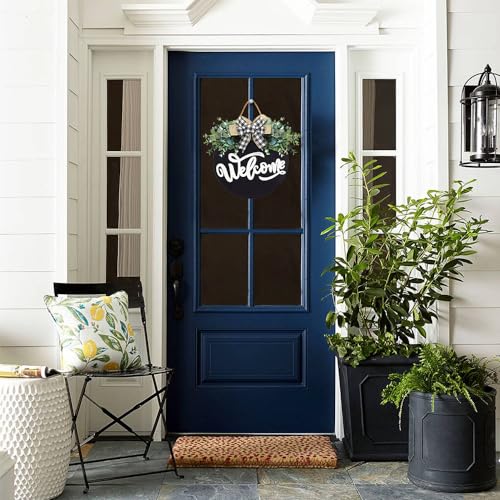 Welcome Sign for Front Door, 12 Inch Round Black Wood Wreath