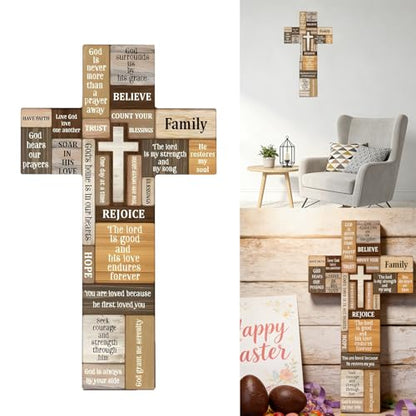 VGE Wooden Cross Wall Decor, 11.8x7.8 Inch Farmhouse Christian Cross for Home Church Office, Rustic Faith Hope Love Wall Art, Easy Self-Adhesive Mount Religious Baptism Confirmation Housewarming Gift
