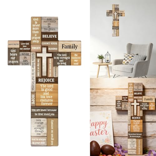 VGE Wooden Cross Wall Decor, 11.8x7.8 Inch Farmhouse Christian Cross for Home Church Office, Rustic Faith Hope Love Wall Art, Easy Self-Adhesive Mount Religious Baptism Confirmation Housewarming Gift